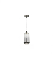 Pendant light with textured glass shade on a white background