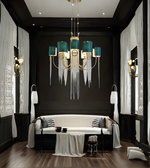 Modern living room with a chandelier, sofa, and decorative elements.