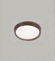 Ceiling light fixture with wooden frame on a plain background