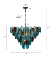 Chandelier with blue and gold design, shown with measurements on a white background