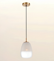 Modern frosted opal glass pendant light with brushed brass finish and minimalist cylindrical glass shade.