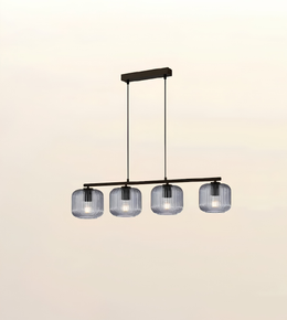 A modern 3-light linear pendant chandelier with a matte black horizontal bar and ceiling canopy, featuring ribbed clear glass shades.