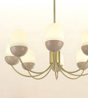 A modern six-light chandelier with curved brass-toned metal arms and frosted glass shades that are warm cream on top and taupe below, shown against a plain off-white background.