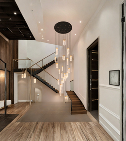 Modern interior with staircase and hanging chandelier