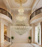 Imperial tiered glass crystal chandelier in a grand double height luxury foyer
