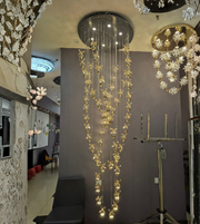 Luxurious chandelier with crystal accents in a showroom setting