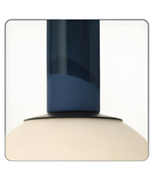 Modern pendant light with a dark blue shade and beige base on a white background