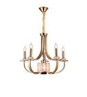 Modern gold chandelier with five candle-style lights and crystal accents, elegant lighting