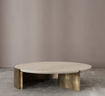 Daya Worldwide Aura round coffee table with a sleek wooden top and metal legs, modern living room decor piece.